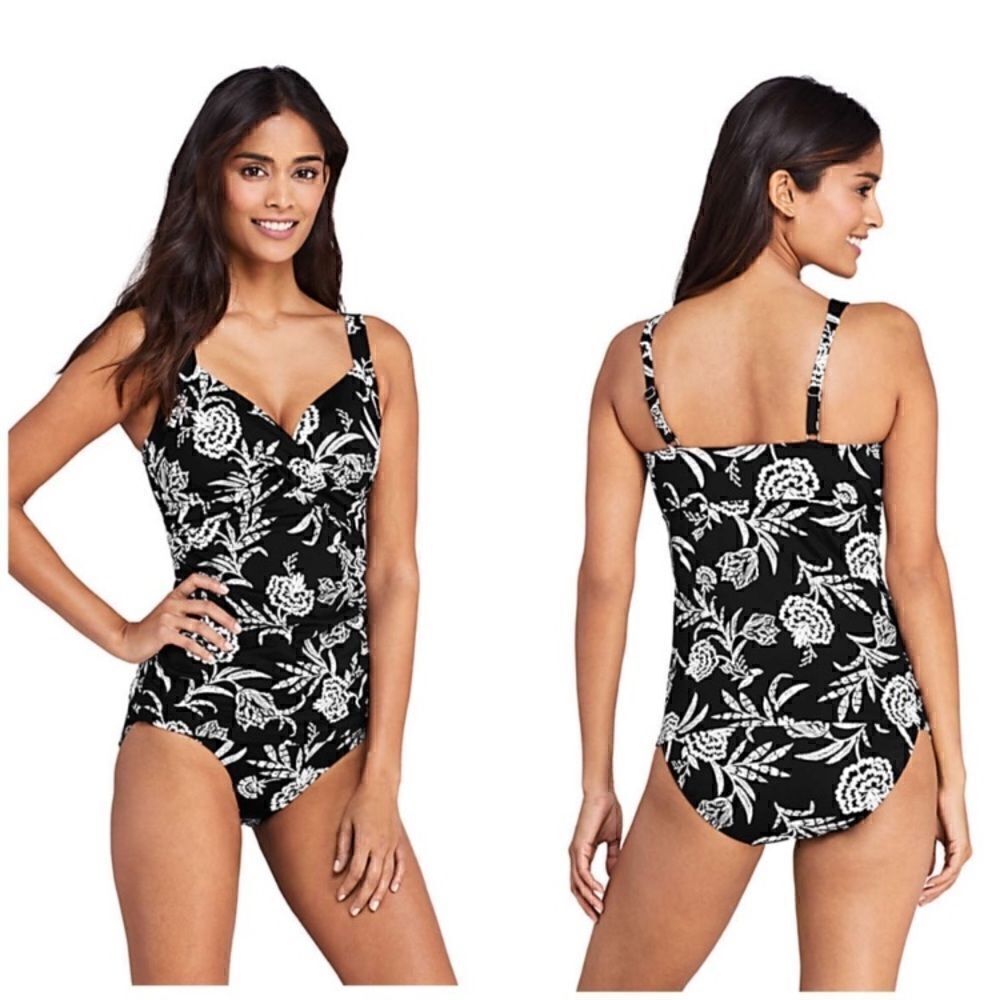 Land’s End V wrap underwire tankini black white floral adjustable Various